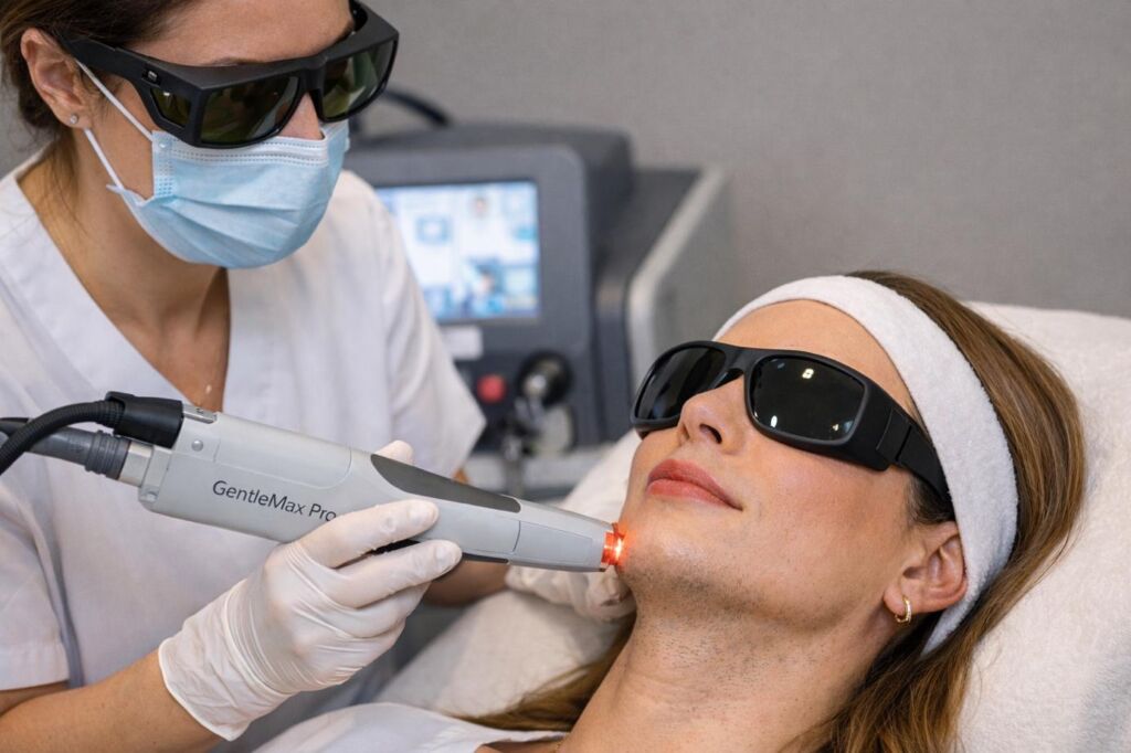 Epilation laser du visage avec lunettes de protection