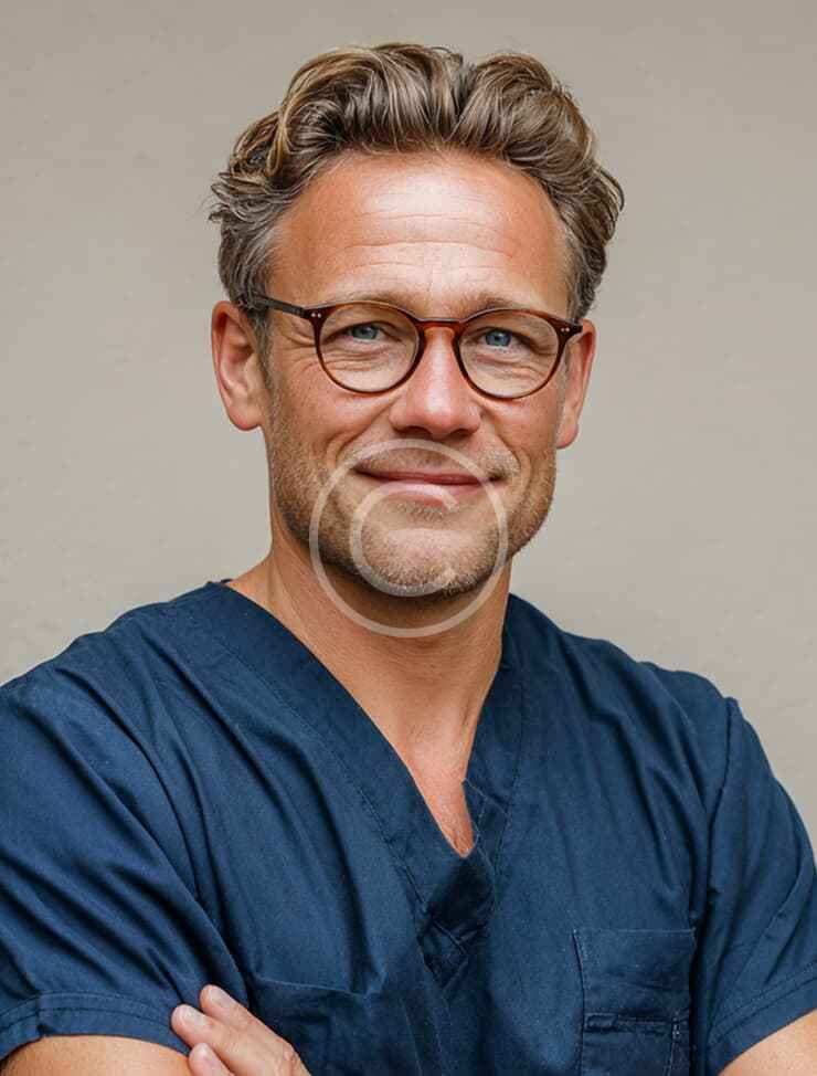 Médecin homme avec lunettes en tenue médicale