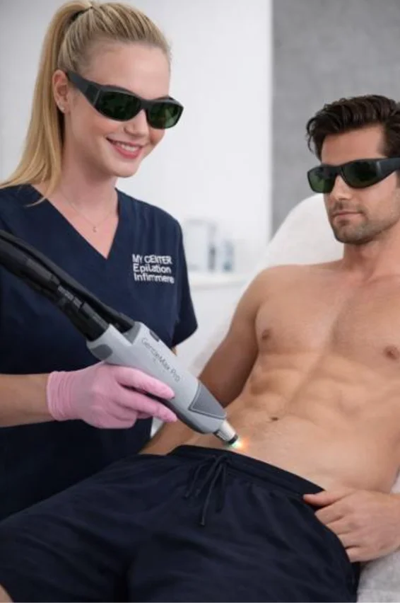 Séance d’épilation laser sur le ventre réalisée par une infirmière