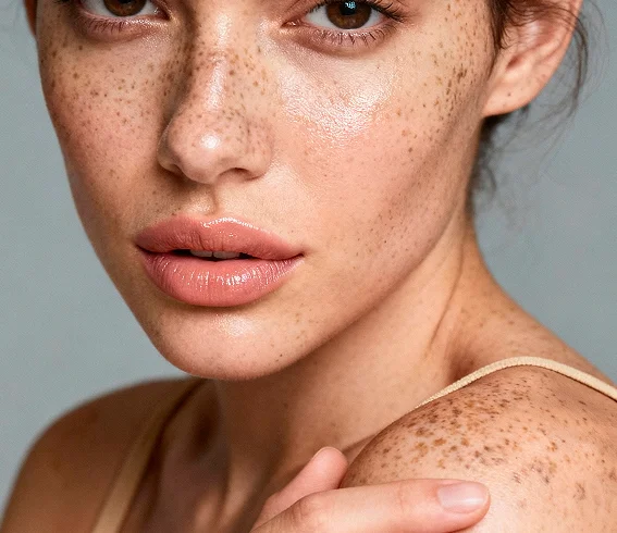 Femme avec taches de rousseur sur le visage