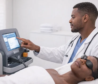 Médecin réglant un appareil d’épilation laser pendant qu’une patiente porte des lunettes de protection en cabine médicale | NY Center