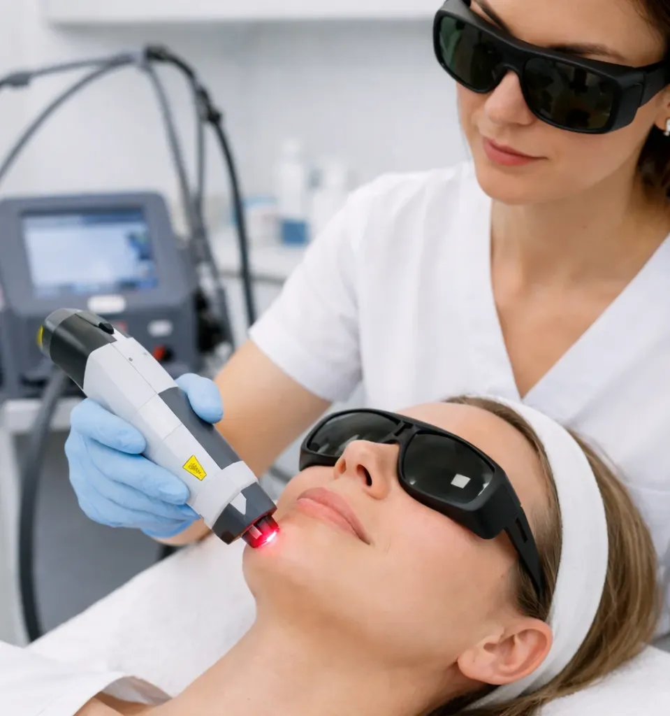 Épilation laser du menton avec lunettes de protection