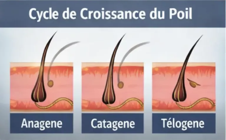Schéma du cycle de croissance du poil : anagène, catagène et télogène