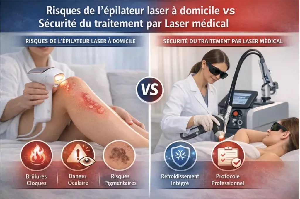 Illustration des risques de l’épilateur laser à domicile (brûlures, troubles pigmentaires, risque oculaire) comparés à la sécurité du laser médical en centre spécialisé
